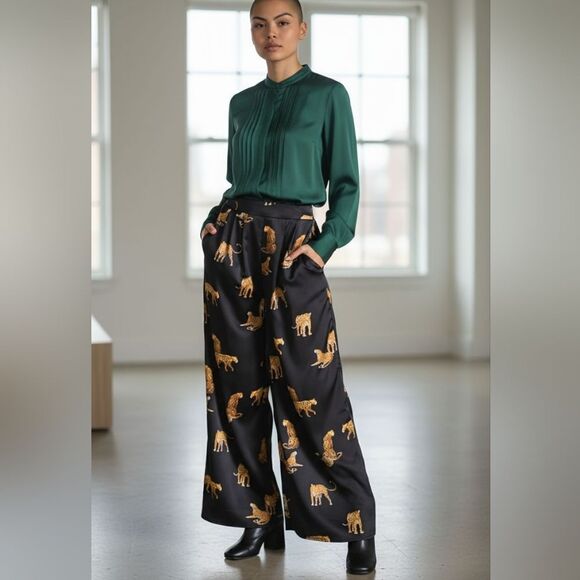 Stylish black wide-leg pants. Features a bold leopard print. - Picture 3 of 15